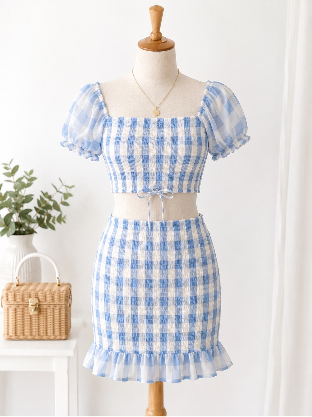 No Boundaries Blue & White Gingham Smocked 2 Piece Crop Top & Skirt Set Size L 1